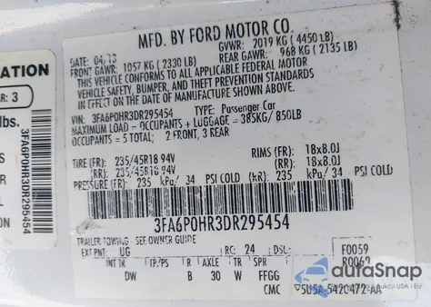 2013 Ford Fusion Se from USA, damaged, VIN 3FA6P0HR3DR295454